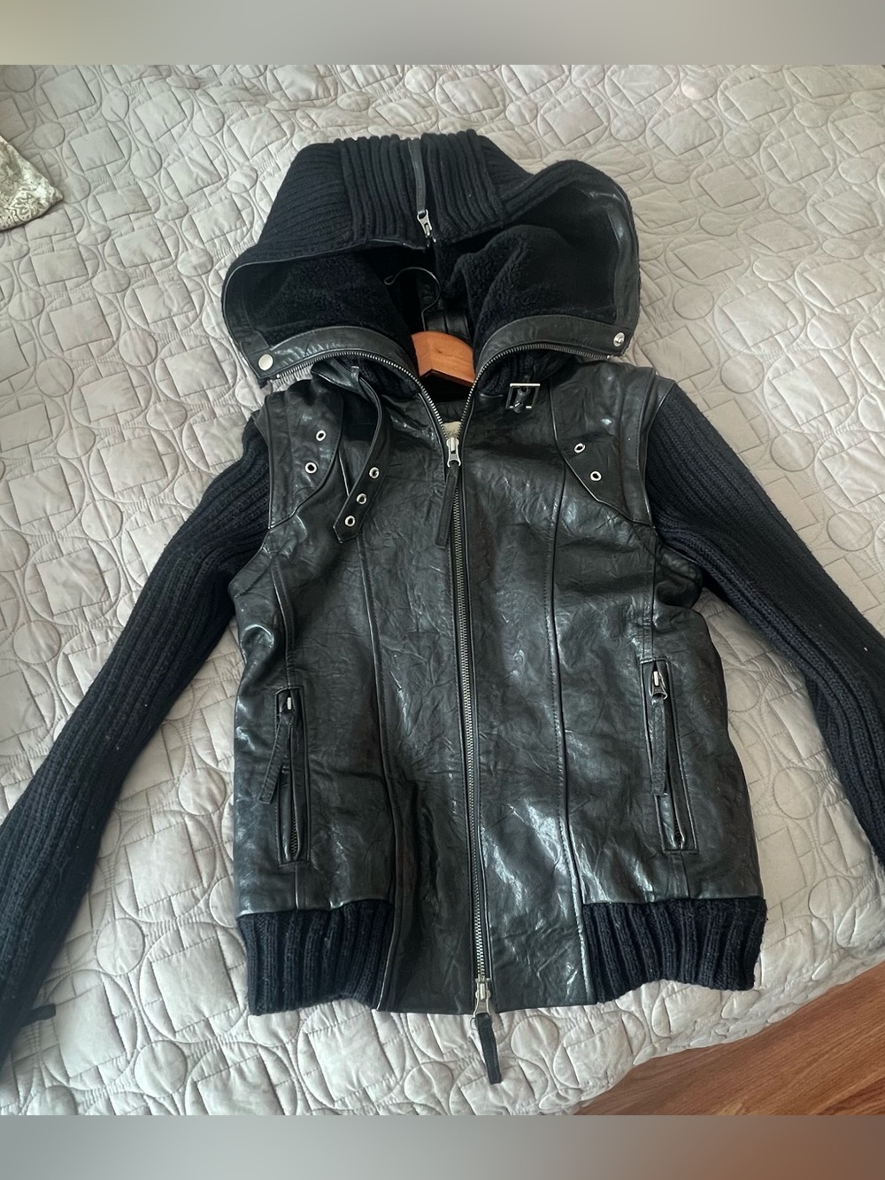 Elizabeth and James Black Leather & Knit Hooded Jacket